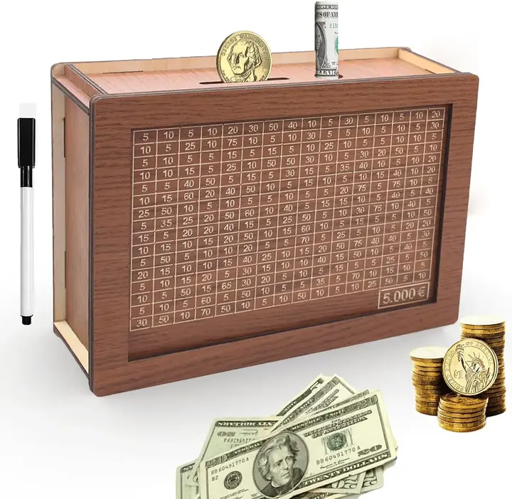 Holzspardose mit Zählwerk und Stift